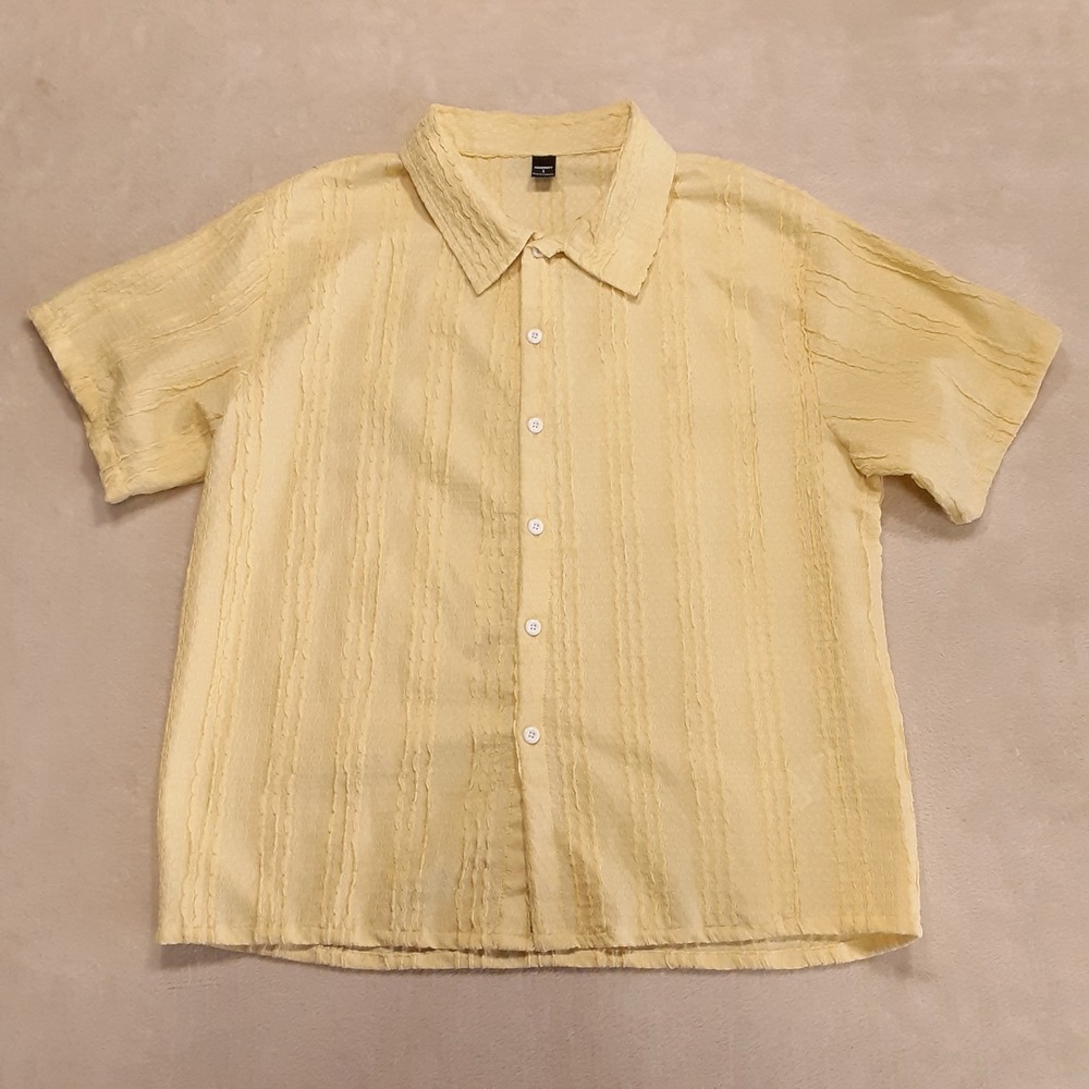 Manfinity Mens SS Vacation Button Shirt Small Yellow French Crochet Textured